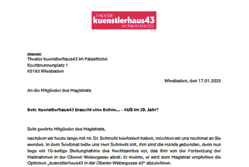 kuenstlerhaus43 braucht eine Bühne… offener Brief II an den Magistrat